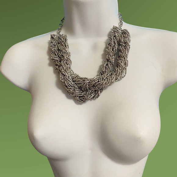 Gray Seed Bead Braided Twist Chunky Necklace - Picture 3 of 7